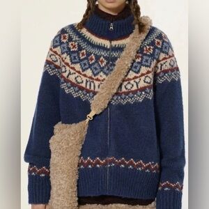 Moromoro Vintage Zipper Women Cardigan Fair Isle Sweater High Collar Long Sleeve